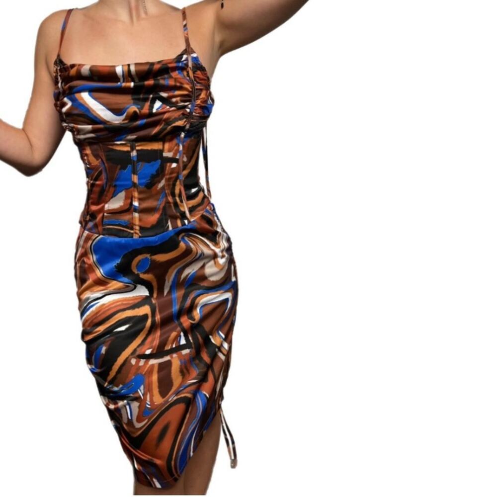 NWT Chocolate Brown & Blue Marble Print Satin Corset Midi Dress Size 2
